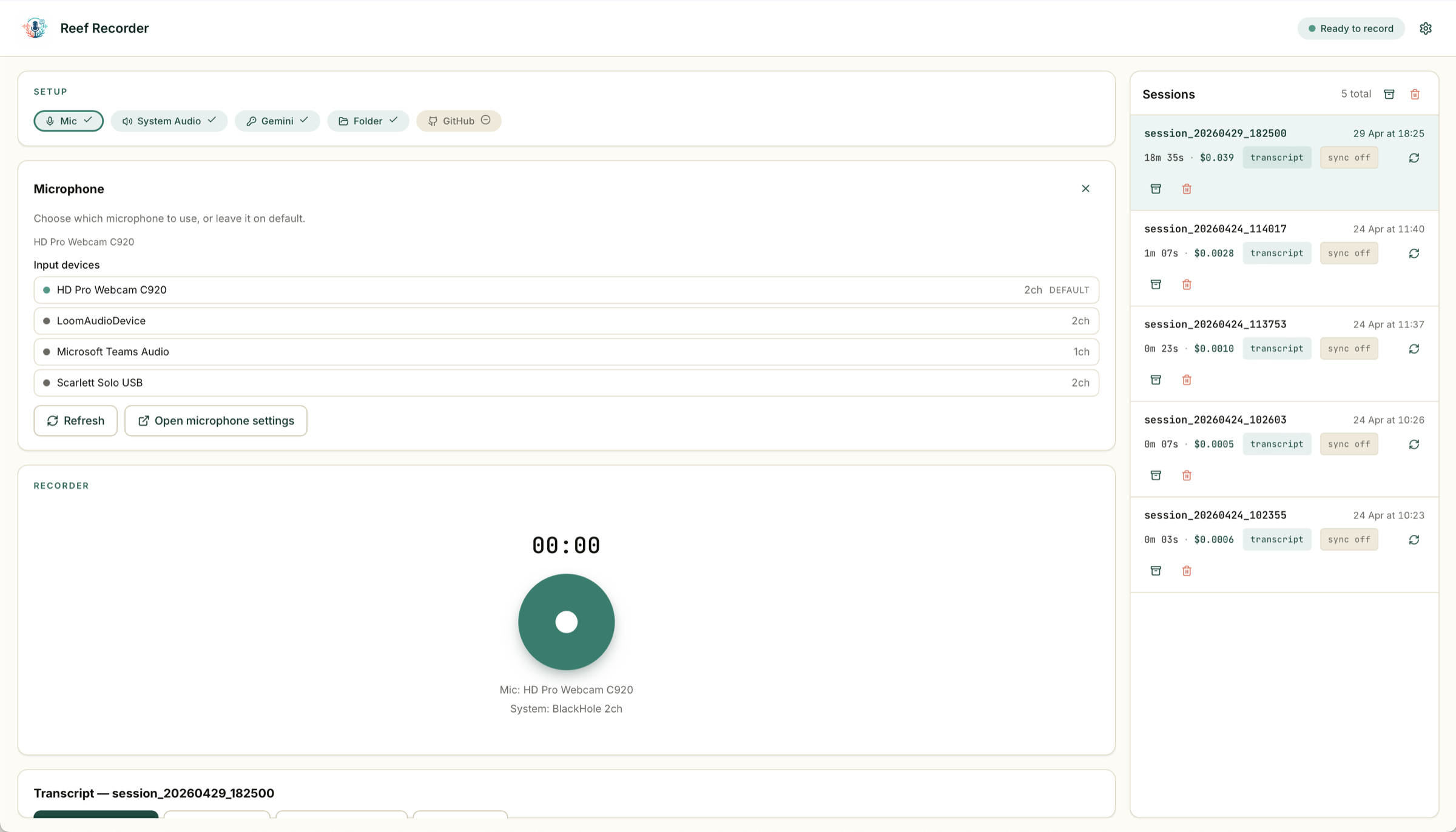 Reef Recorder window — setup chips at the top, expanded microphone panel showing four input devices, big green record button below, and the sessions sidebar listing five past meetings with per-session cost